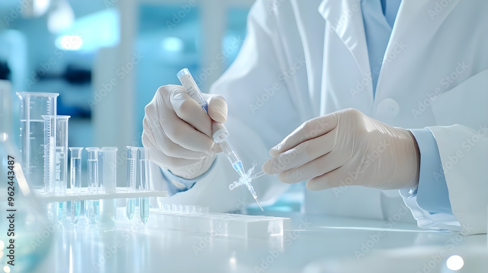 Poster scientist using pipette in laboratory