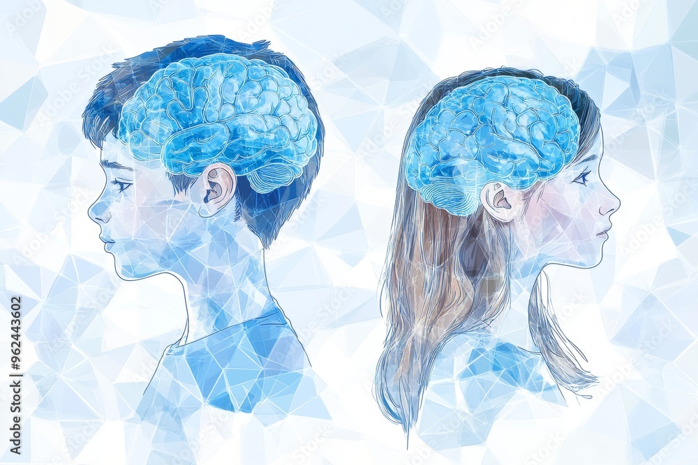 Poster cerebral activity synaptic network futuristic glowing brain like figures facing each other illustrat