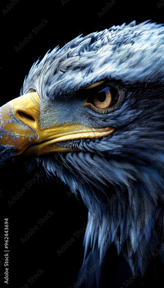 Poster an eagle stares intensely at the viewer, highlighting its sharp beak and striking feathers. the dark
