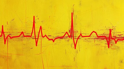 A red heartbeat line with added grunge effects appears on a vibrant yellow background, blending medical symbolism with an edgy, artistic touch. The distressed texture adds depth, making it perfect for