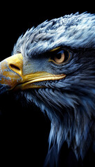 Fototapeta premium An eagle stares intensely at the viewer, highlighting its sharp beak and striking feathers. The dark background enhances its powerful presence and intricate details of its plumage.