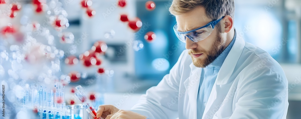 Poster scientist working in a laboratory with test tubes