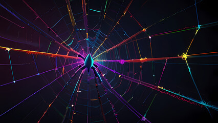 Abstract illustration of a spider web with neon threads stretching in various directions