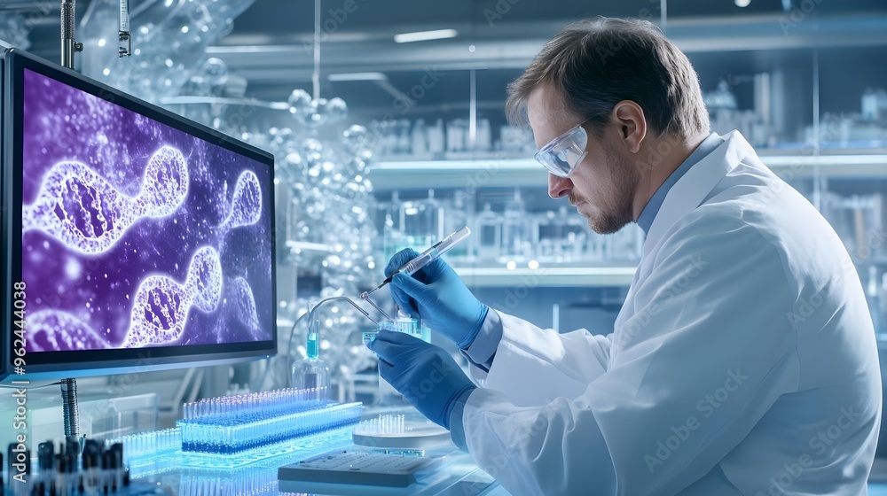 Poster scientist working in lab with dna on screen