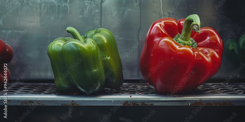 Poster a pair of different-colored peppers showcased on the produce seller's counter, featuring one green a