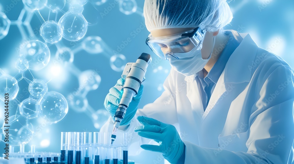 Poster scientist working in lab with pipette and test tubes