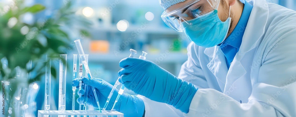 Poster scientist working in lab with test tubes and pipette