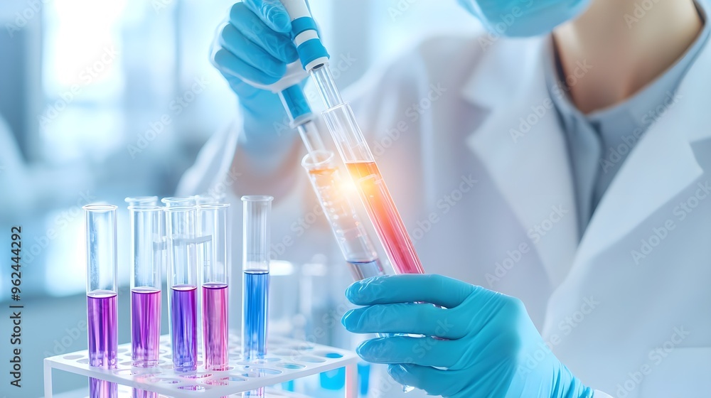 Poster scientist working in lab with test tubes and pipette