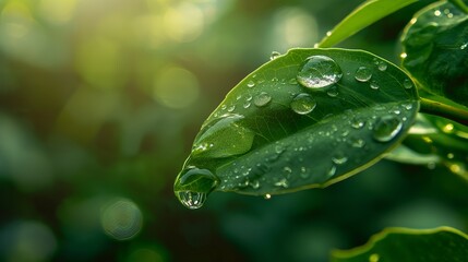 Fototapeta premium A single green leaf with dew drops hanging on the edge.