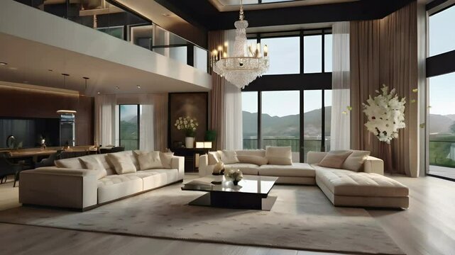 Luxurious and magnificent living room with elegant room decoration. Seamless 4K looping timelapse video animation background