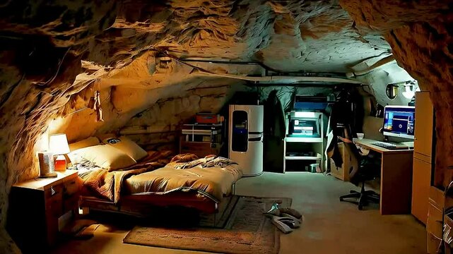 a bunker  with  a bed ,  desk , and  TV