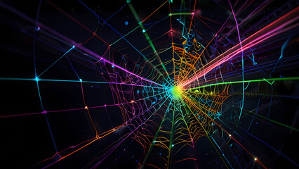 Abstract illustration of a spider web with neon threads stretching in various directions