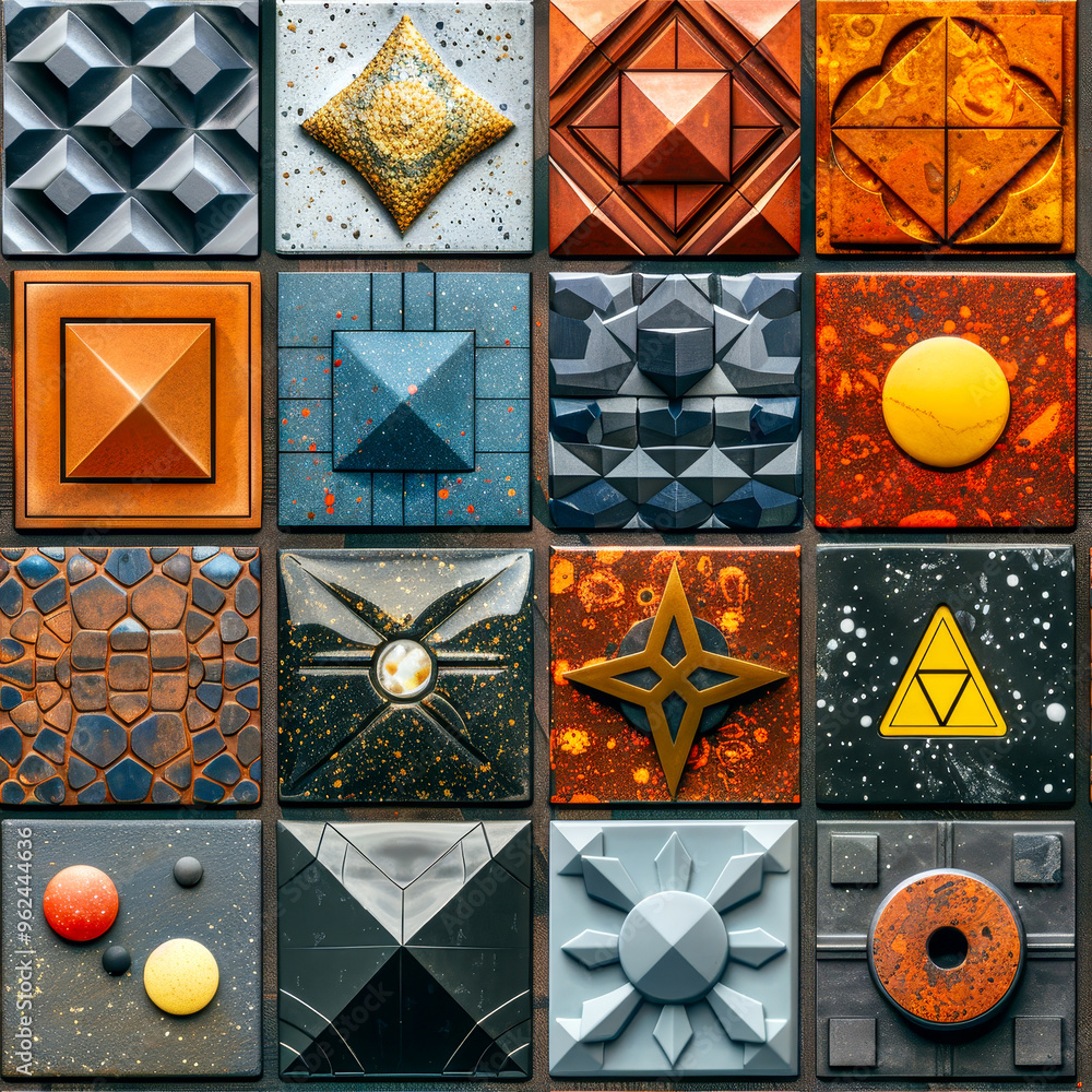 Poster Various colorful tiles with intricate geometric patterns are displayed on a flat surface, showcasing a vibrant mix of textures and shapes that create visual interest and depth.