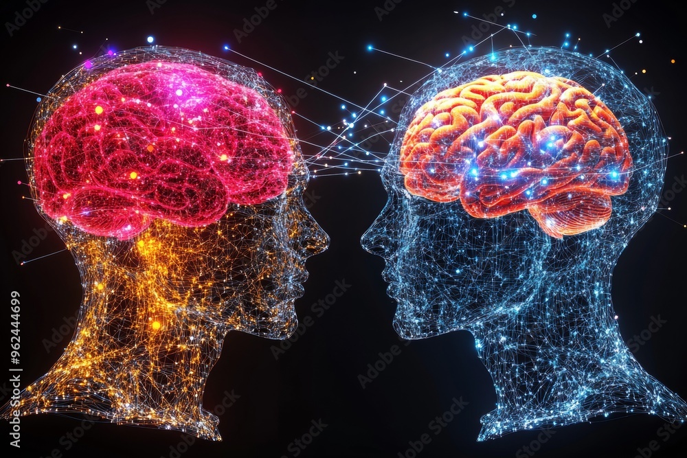 Aufkleber brainpower synaptic network business concept art showing two professional figures with glowing brain