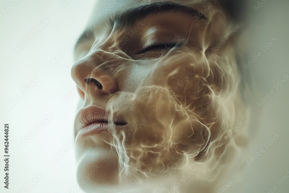 Poster cranial organ neuronal system surreal image of a womans peaceful face merging with neural connection