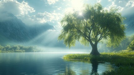 Fototapeta premium A solitary tree stands on a small island in a tranquil lake with mountains in the background, bathed in the golden light of the setting sun.