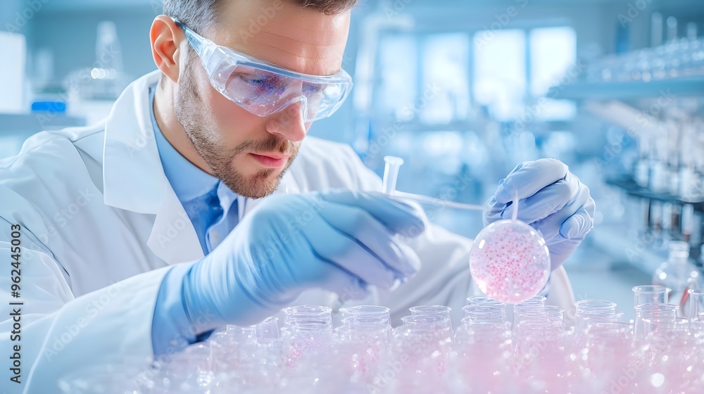 Poster scientist working with pink solution in lab