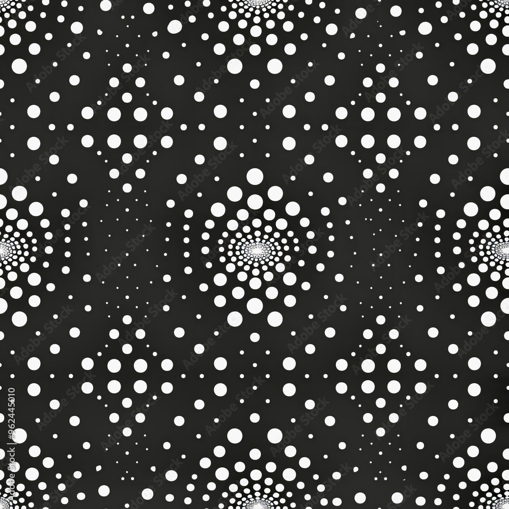 Poster the artwork features a striking abstract pattern composed of varying sized white dots on a black bac