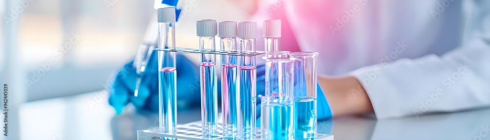 Poster scientist working with test tubes in lab