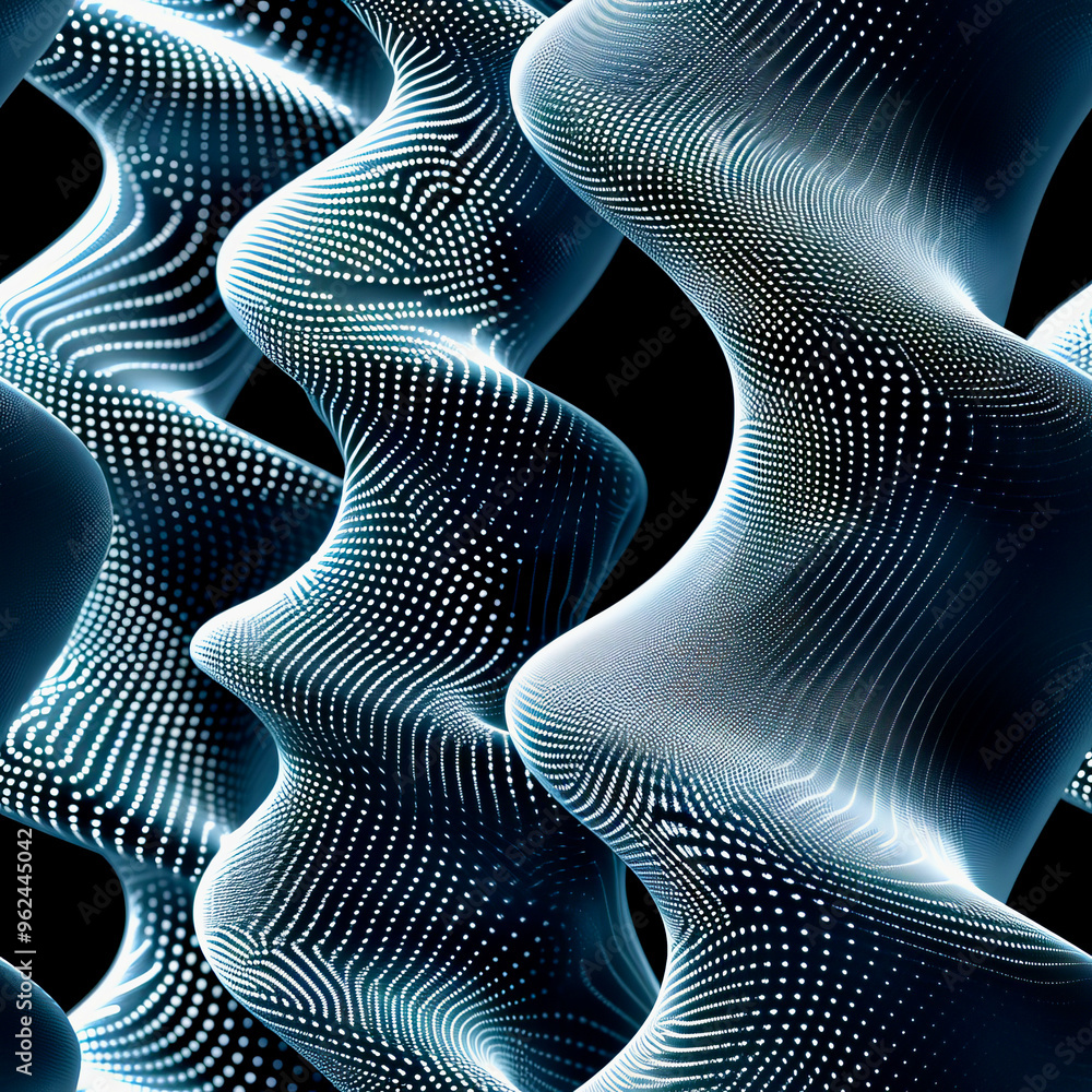 Poster intricate shapes and curves emerge from a dark void, adorned with luminous dots. the design creates 