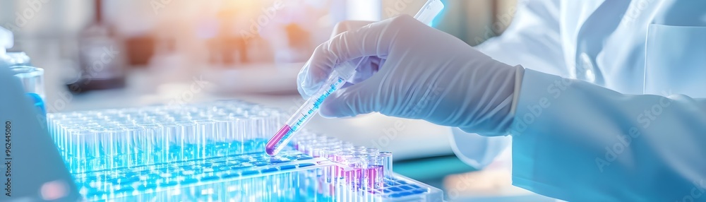 Poster scientist working with test tubes in lab