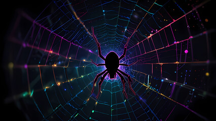 Abstract illustration of a spider web with neon threads stretching in various directions