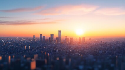 Fototapeta premium A Stunning Sunset Over a Bustling City Skyline, Illuminating Skyscrapers and Casting a Warm Glow on Urban Life, Captured in a Beautiful Mélange of Colors and Lights.