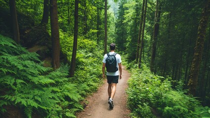 Obraz premium A solitary hiker ventures deeper into a lush, vibrant forest, surrounded by towering trees and thick ferns, embracing nature's tranquility and beauty amidst quiet exploration.