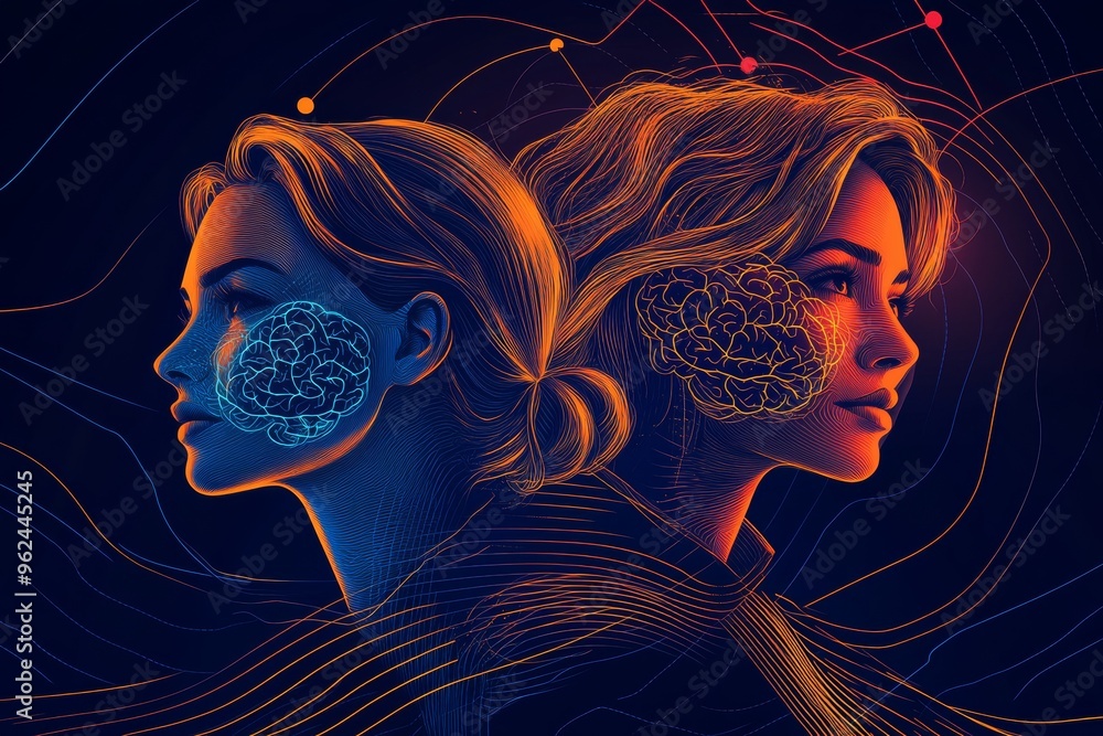Poster neural processing neuronal system abstract dual portraits of two women highlighting interconnected b