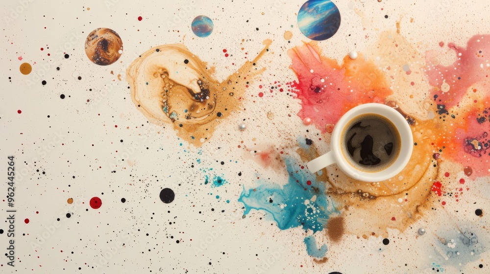 Poster creative fusion of a coffee splash blending with colorful planets and cosmic elements. this unique c