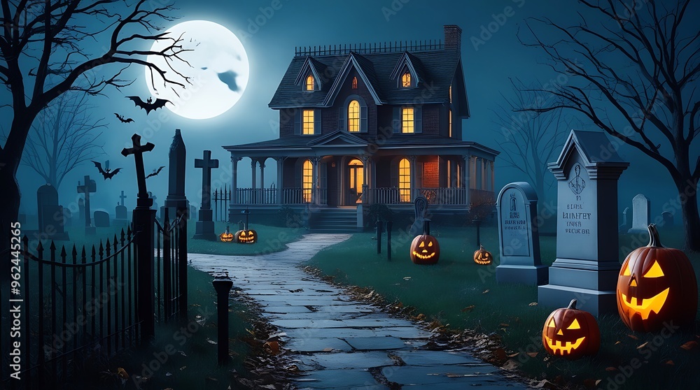 Wall mural halloween walk with cemetery and haunted house isolated jack-o'-lantern pumpkin created with generat