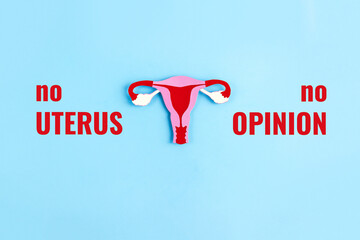 Paper application of the uterus from colored cardboard and the phrase No Uterus No Opinion on blue...