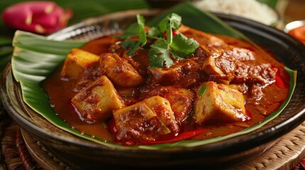 Fototapeta premium Spicy Tofu Curry Served on a Banana Leaf with Cilantro Garnish
