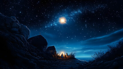 Nativity Sky: Celebrating the Birth of Jesus Christ in Bethlehem. A Beautiful Dark Blue Starry Sky with a Bright Star.