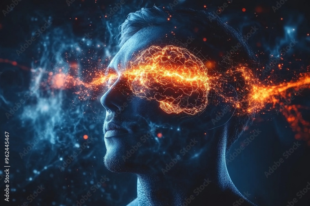 Poster brain chip neuronal system digital artwork of a man with fiery neural connections symbolizing powerf