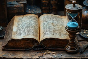 Antique Book and Hourglass Still Life