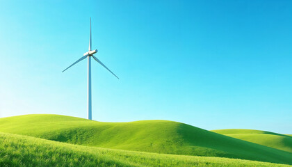 Obraz premium A modern wind turbine towers over green hills under a clear blue sky, highlighting the blend of technology and nature with abundant sunlight and a fresh, vibrant landscape.