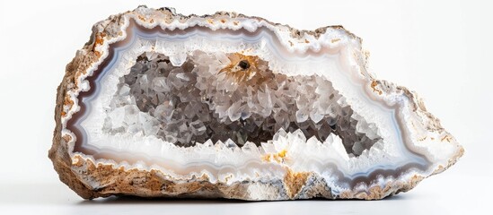 Fototapeta premium Hyaline Quartz With Agate Geode Isolated On White Background A Cross Section Of Pure Clear Or Colorless Quartz Formed Within Volcanic Rock