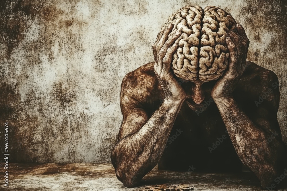 Aufkleber cerebral processing neuronal system artistic representation of a man holding his head with a brain f