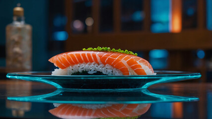 Salmon, sushi and sashimi on tray and glass cover on modern table-1
