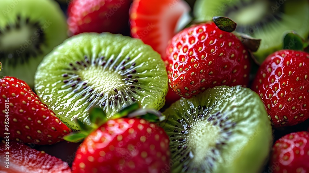 Poster close-up of a vibrant red strawberry and a green kiwi fruit, the colors and textures of the fruit cr