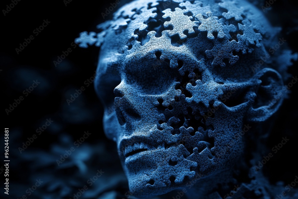 Poster cerebral activity neuronal system dark skeletal figure with a puzzle piece brain symbolizing mortali