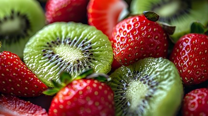 Close-up of a vibrant red strawberry and a green kiwi fruit, the colors and textures of the fruit create a visually appealing image.