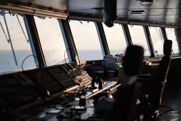 Navigational Bridge Wheelhouse Of The Merchant New-Built Freight Cargo Ship