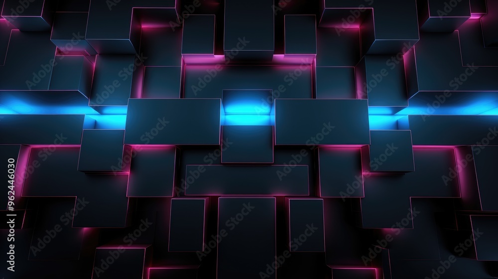 Poster abstract dark background with neon glowing edges on 3d cubes
