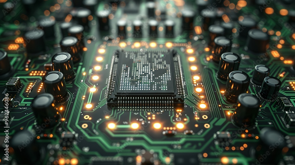 Aufkleber a close-up of a circuit board with a central processor chip and glowing lights.