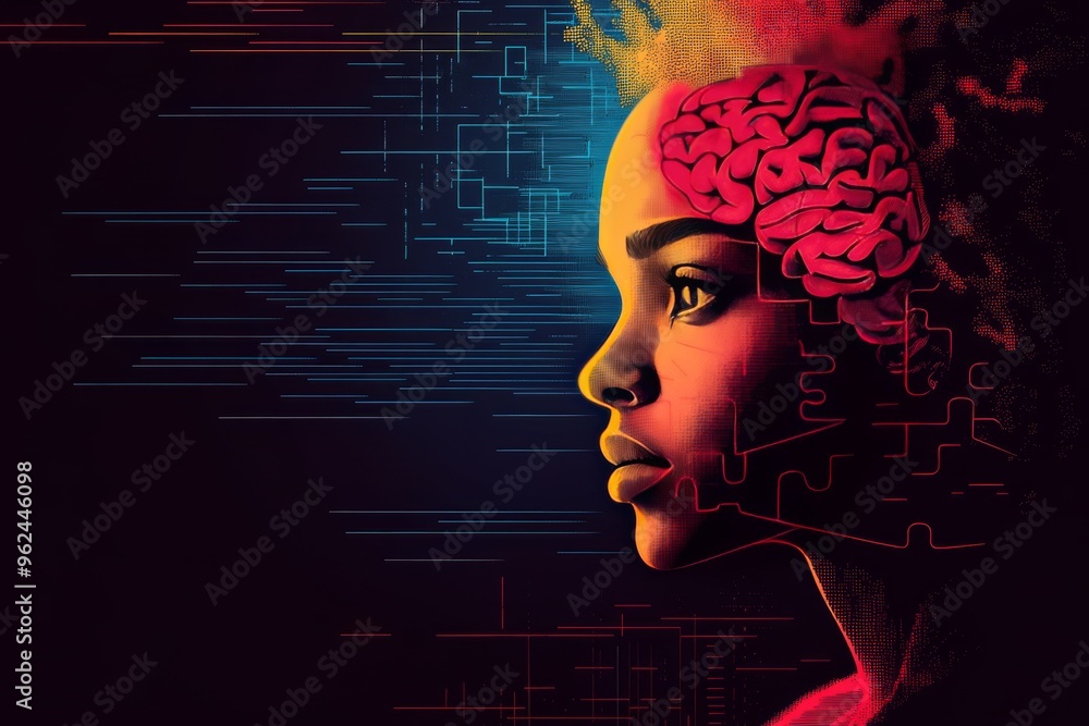 Poster neural dynamics neuronal system futuristic portrait of a woman with a glowing brain representing dig