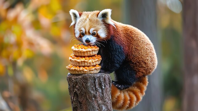 A red panda sitting on a tree stump, eating a stack of treats. - Powered by Adobe