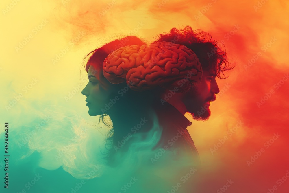 Poster brain neuronal system silhouette of a woman with colorful brain clouds symbolizing memory nostalgia 
