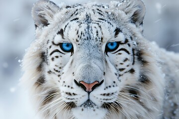 Fototapeta premium Close-up of a white tiger's face with blue eyes in the snow.
